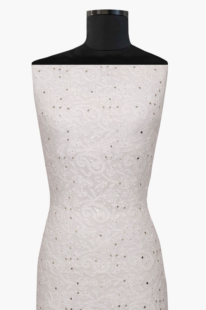 Ada Hand Embroidered White Georgette Lucknowi Chikan Unstitched Kurta Piece With Muqaish Work A597697