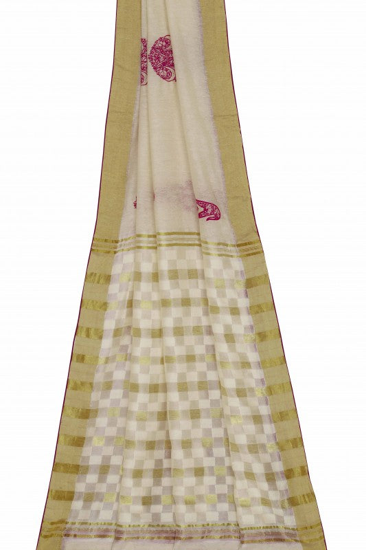 Ada Hand Embroidered Cream Chanderi Lucknowi Chikankari Saree With Blouse A102252