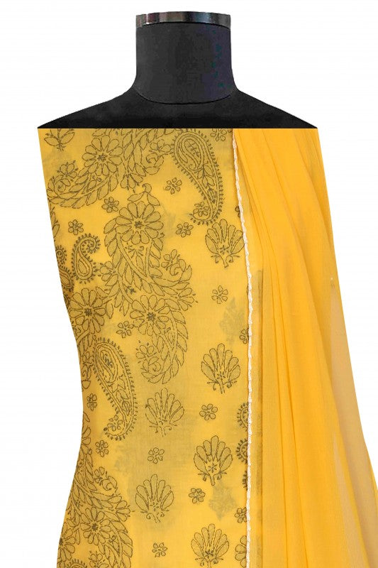 Ada Hand Embroidered Yellow Cotton Lucknowi Chikan Unstitched Suit Piece-A211122