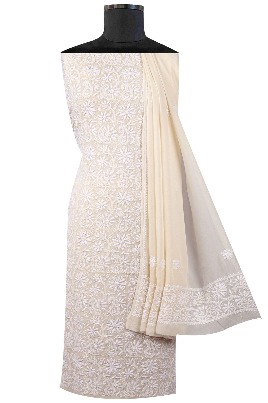 Ada Hand Embroidered Cream Pure Georgette Lucknowi Chikankari Unstitched Kurta Dupatta Set A70992