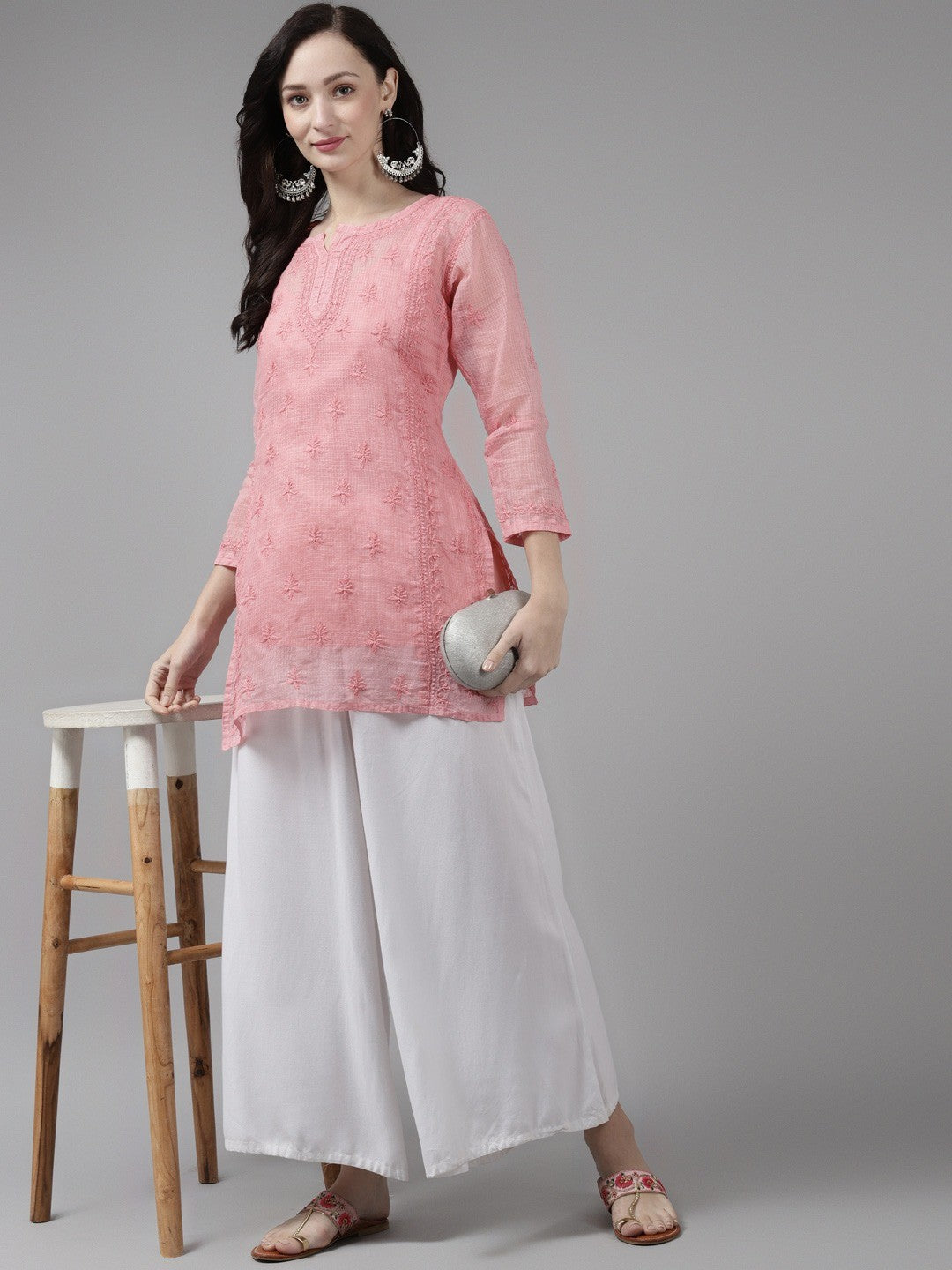 Ada Hand Embroidered Peach Kota Lucknow Chikan Kurti With Slip-A911155