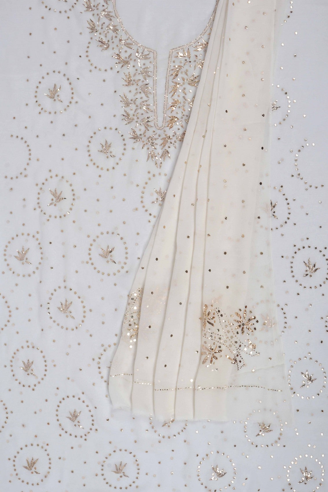 Ada Hand Embroidered Off White Pure Georgette Lucknowi Chikankari Unstitched Kurta Dupatta Set With Muqaish Work A580365