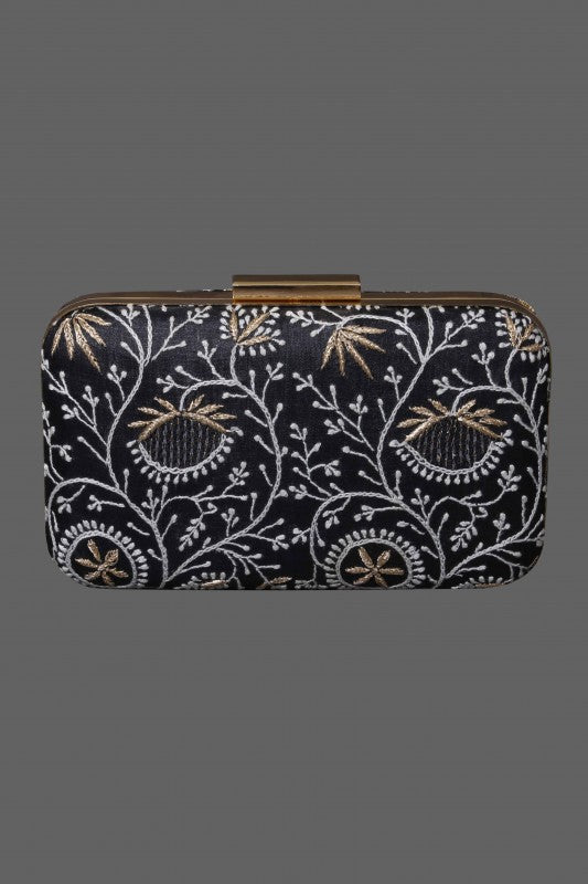 Ada Hand Embroidered Black Silk Lucknow Chikankari Clutch-A601426