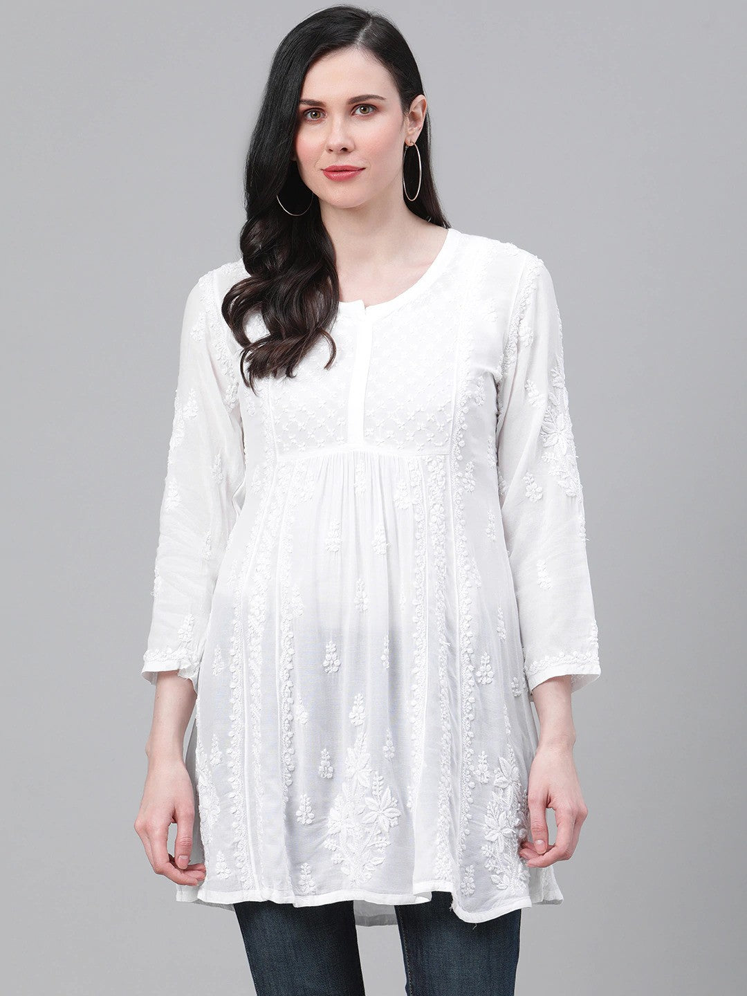 Ada Hand Embroidered White Cotton Lucknowi Chikankari Kurti A911113