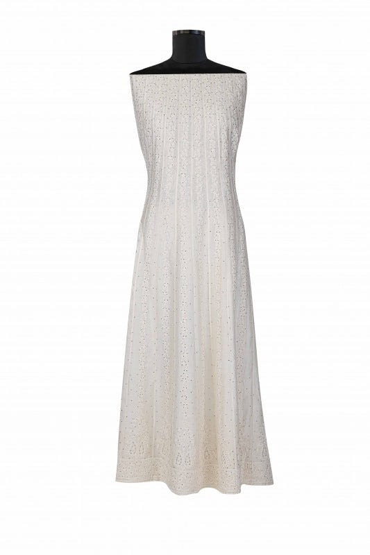 Ada Hand Embroidered White Chanderi Chikan Semi-stitched Anarkali Kurta With Muqaish Work-A520544