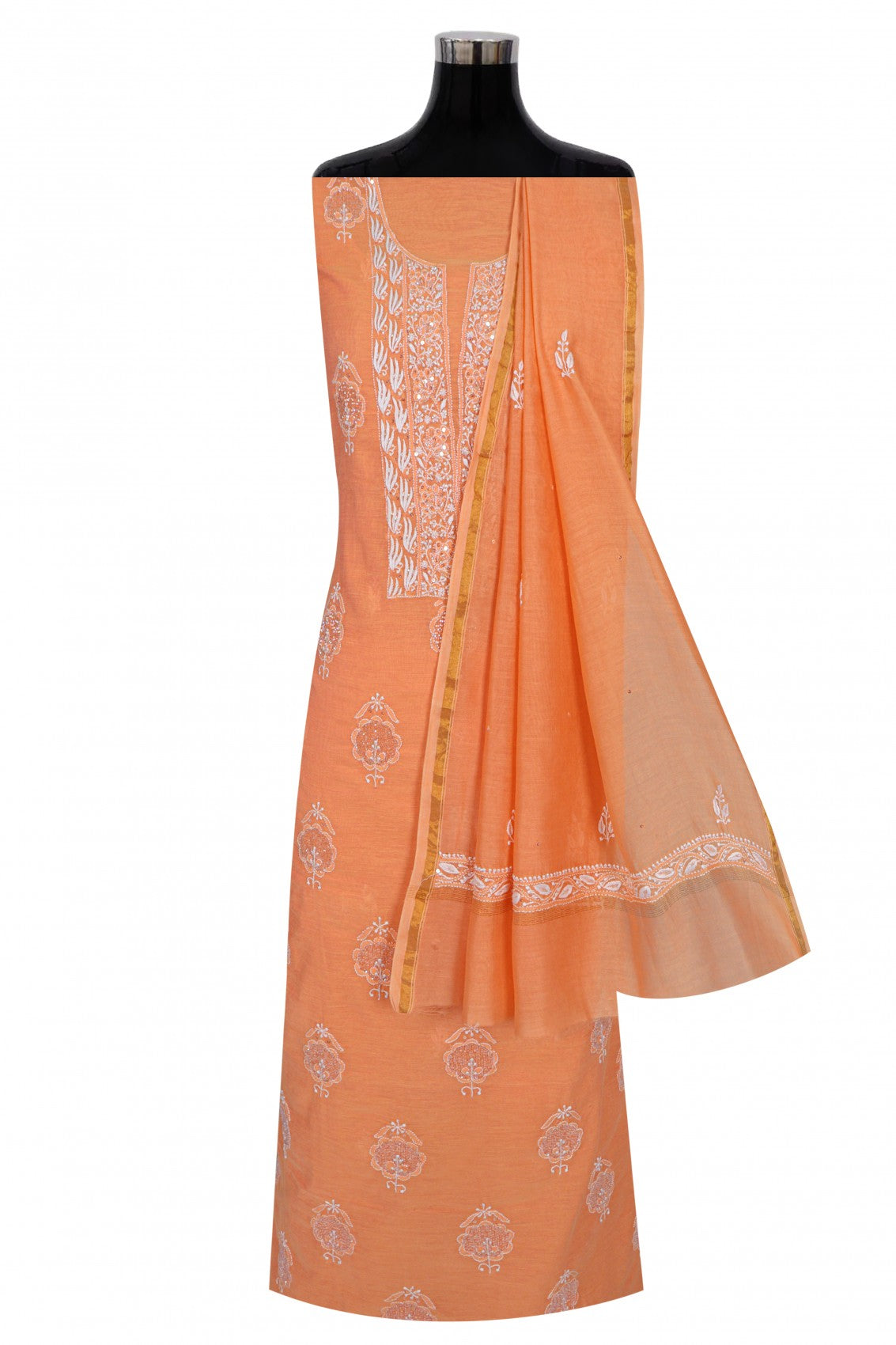 Ada Hand Embroidered Peach Chanderi Lucknowi Chikankari Unstitched Kurta Dupatta Set With Cutdana Work 01A196838