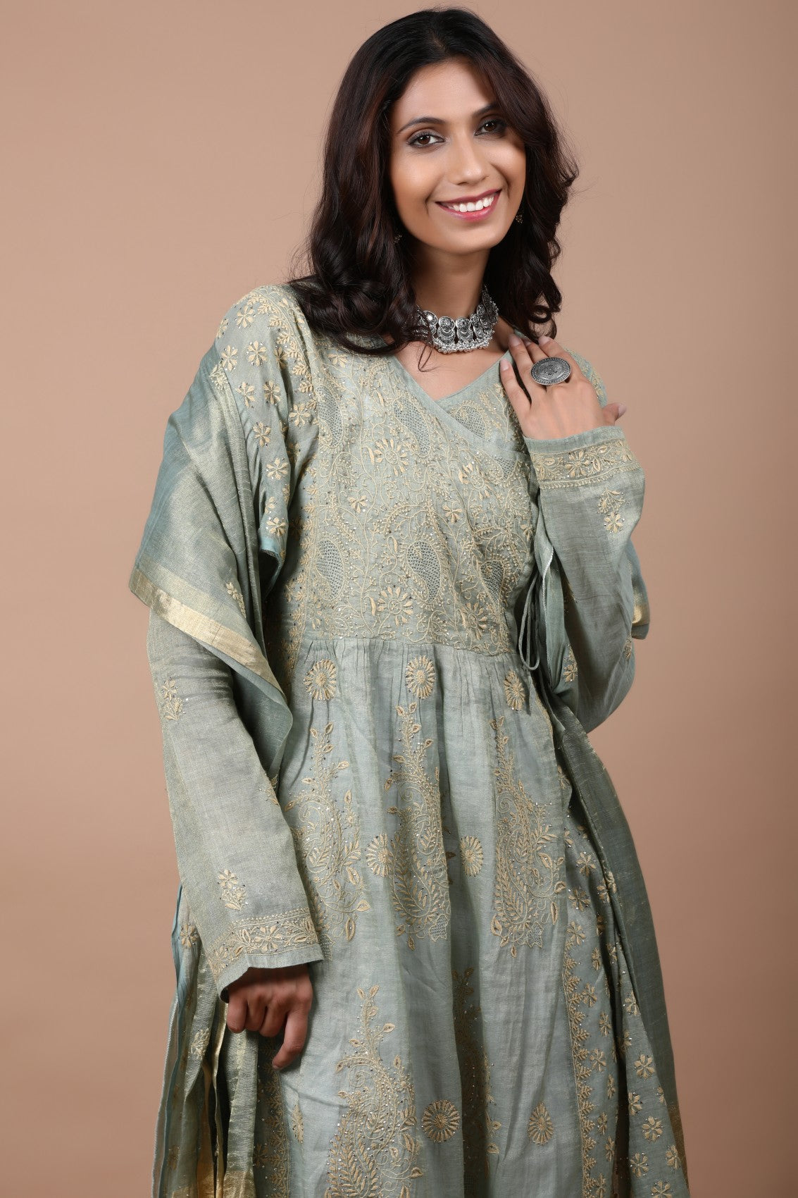 Ada Hand Embroidered Pickle Green Tissue Lucknowi Chikankari Semi-stitched Kurta Dupatta Set With Muqaish Work 01A189051