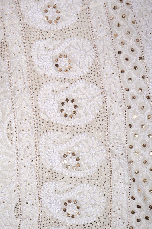 Ada Hand Embroidered White Pure Georgette Lucknowi Chikankari Lehenga Set With Muqaish Work 01A118622