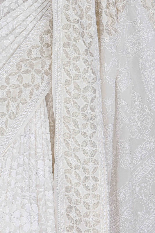 Ada Hand Embroidered Dove White Pure Georgette Lucknowi Chikankari Saree with Blouse A585834