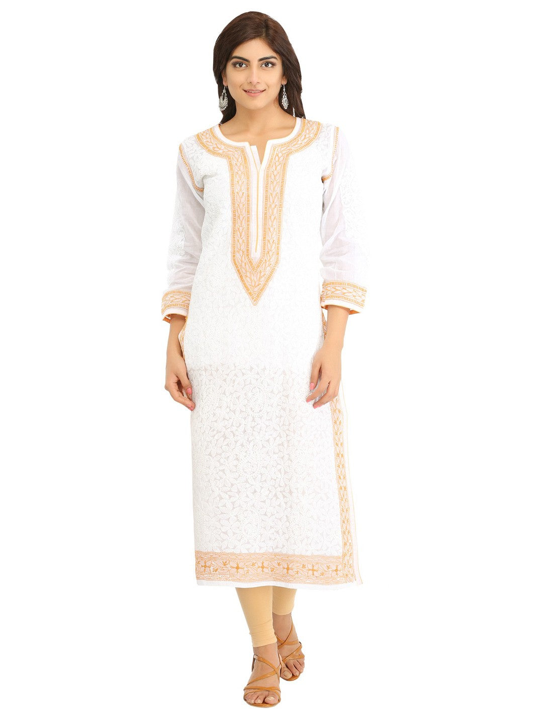 Ada Hand Embroidered White Cotton Lucknowi Chikankari Straight Kurta- A283448