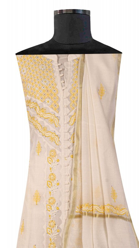 Ada Hand Embroidered White Chanderi Lucknowi Chikankari Unstitched Kurta Dupatta Set With Muqaish Work A326791