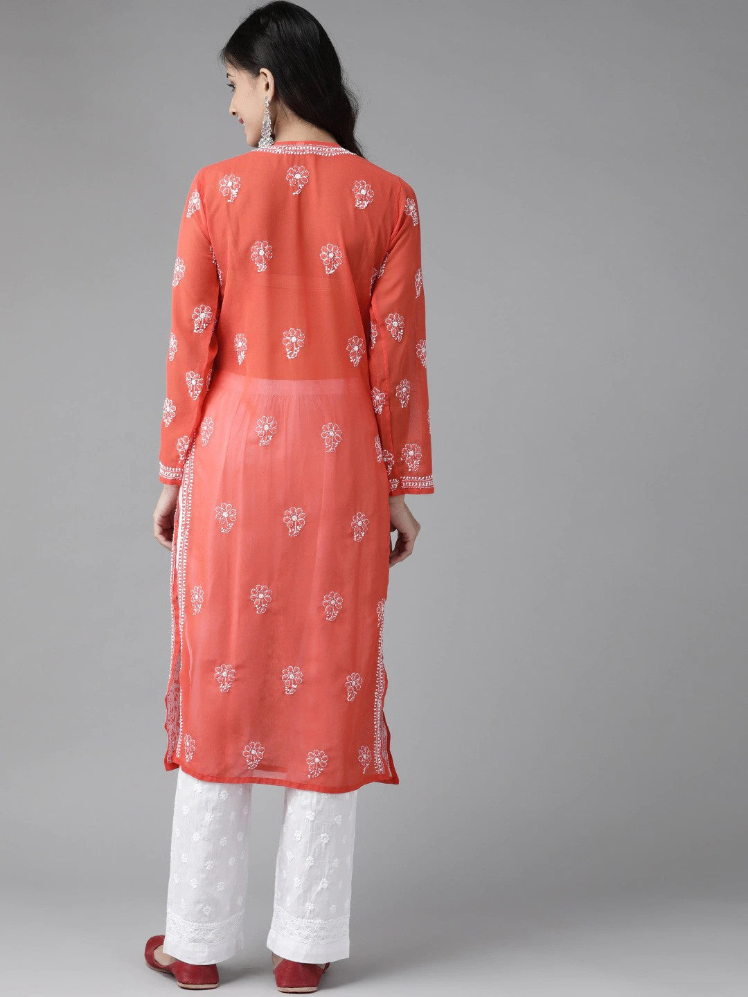 Ada Hand Embroidered Red Georgette Lucknowi Chikankari Kurta Set A811168