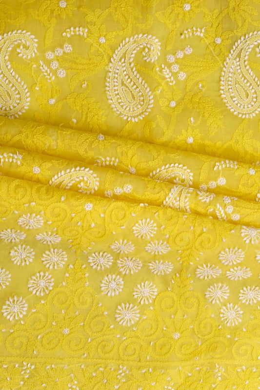 Ada Hand Embroidered Yellow Cotton Lucknowi Chikan Unstitched Suit Piece-A211118