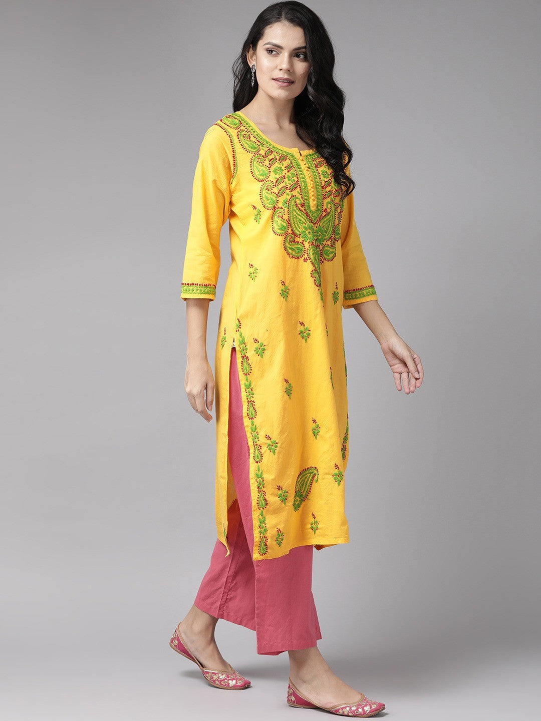 Ada Hand Embroidered Yellow Cotton Lucknowi Chikankari straight Kurta A223631