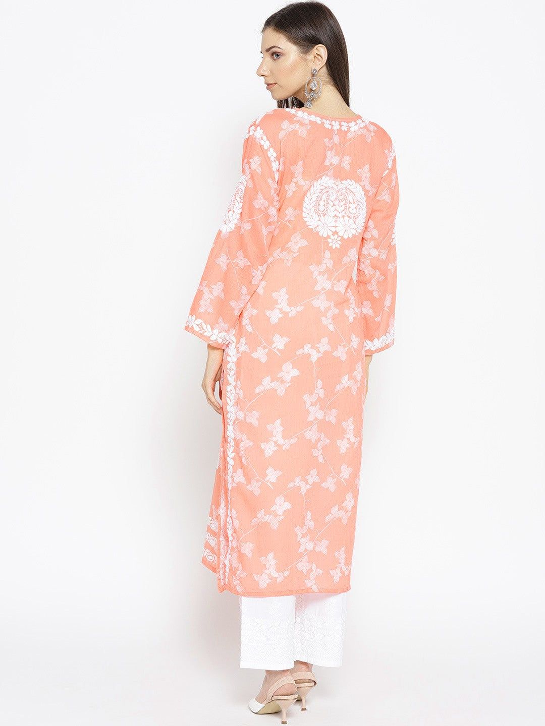 Ada Hand Embroidered Peach Cotton Lucknowi Chikankari Straight Kurta A100110