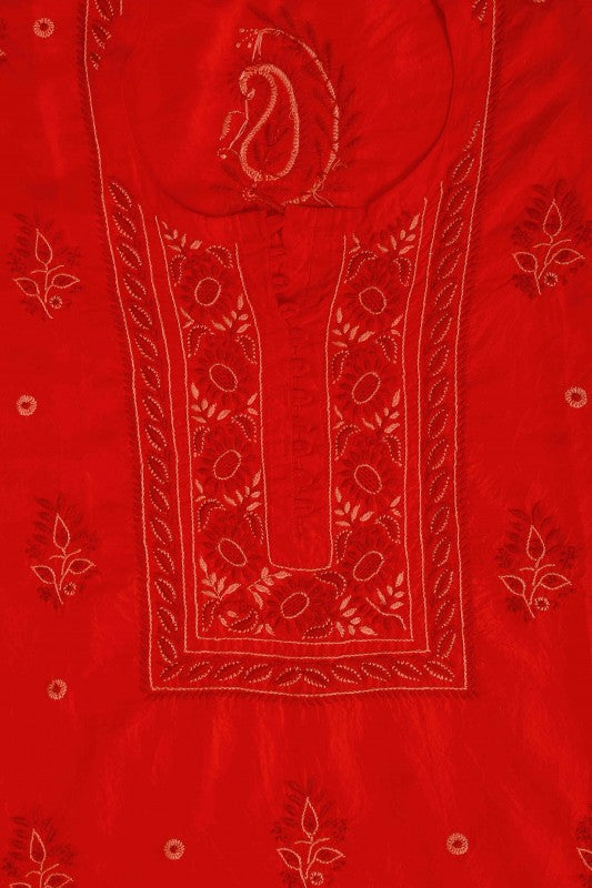 Ada Hand Embroidered Scarlet Red Silk Lucknowi Chikan Unstitched Kurta Piece A608630