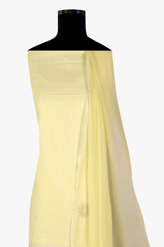 Ada Hand Embroidered Lemon Cotton Lucknowi Chikankari Unstitched Kurta Dupatta Set with Gota Patti Work A251258