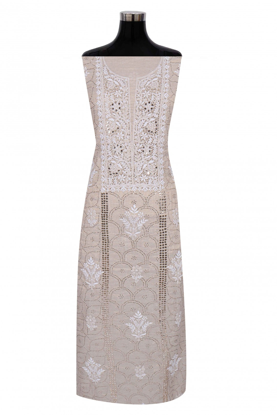 Ada Hand Embroidered Natural Fawn Tissue Lucknowi Chikankari Unstitched Kurta Dupatta Set With Muqaish Work 01A169987