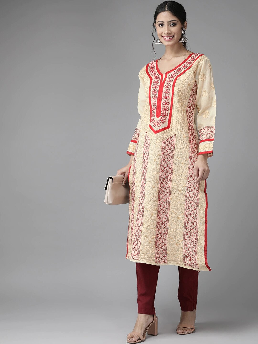 Ada Hand Embroidered Fawn Cotton Lucknow Chikan Straight Kurta A285129