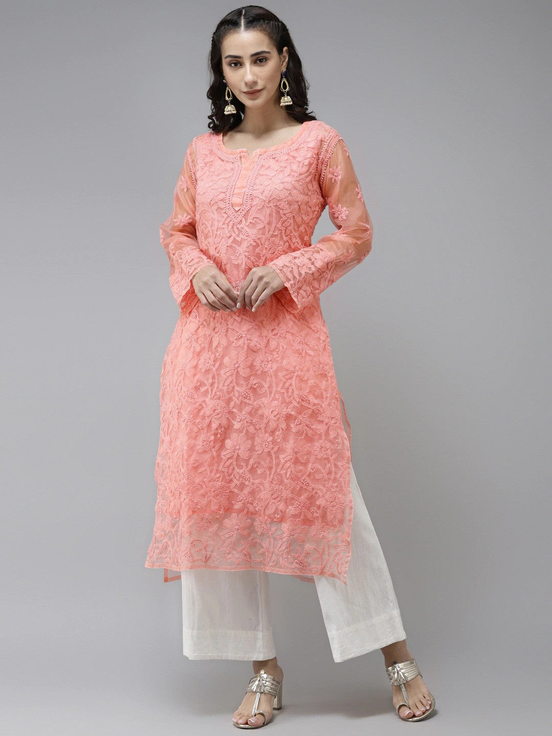 Ada Hand Embroidered Peach Organza Lucknowi Chikankari Straight Kurta With Slip- A411238