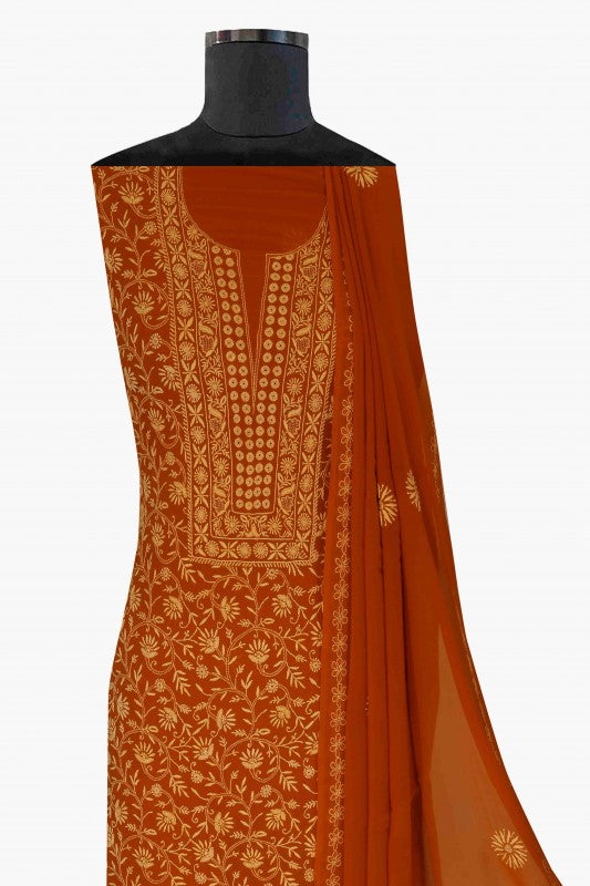 Ada Hand Embroidered Rust Pure Georgette Lucknowi Chikan Unstitched Kurta Dupatta Set A480978