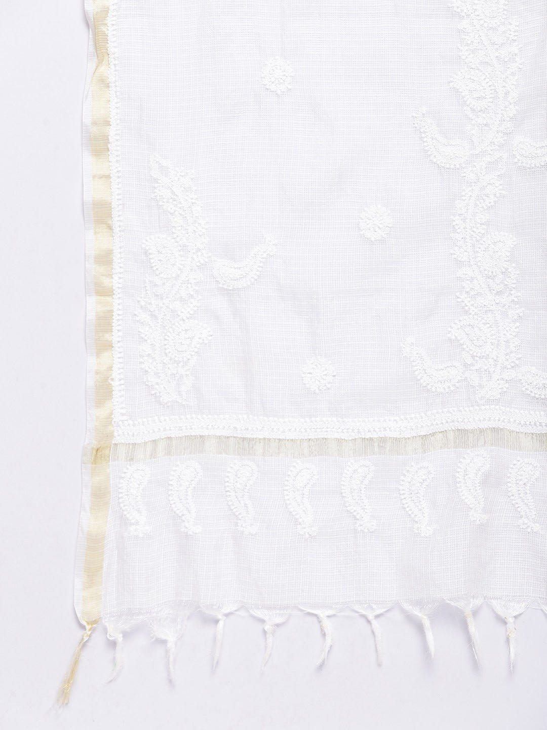 Ada Hand Embroidered White Kota Lucknowi Chikankari Dupatta A100148