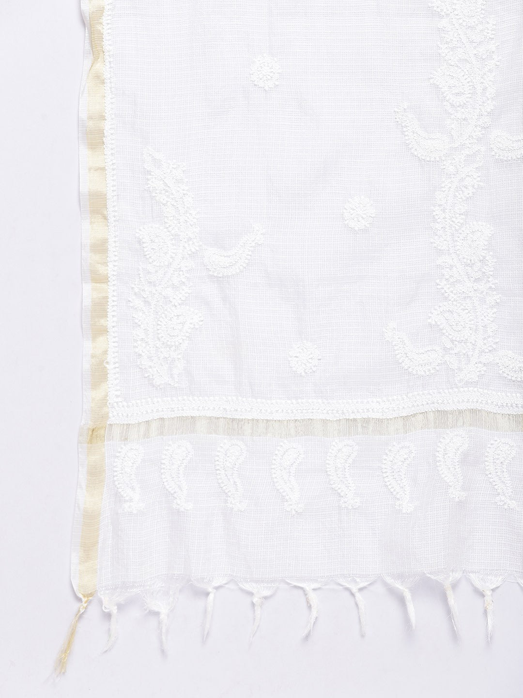 Ada Hand Embroidered White Kota Lucknowi Chikankari Dupatta A100148