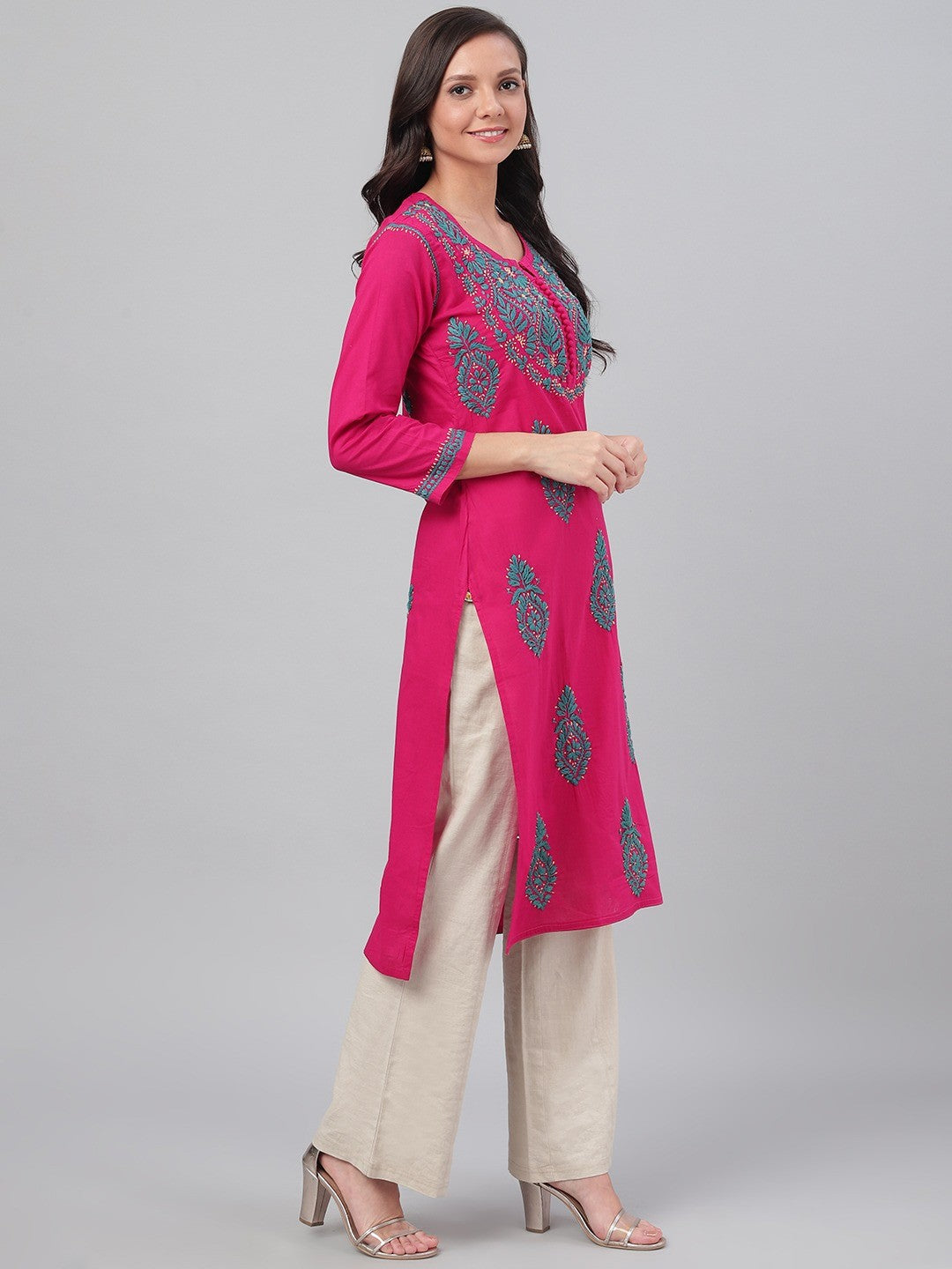 Ada Hand Embroidered Magenta Cotton Lucknow Chikankari Straight Kurta A411489