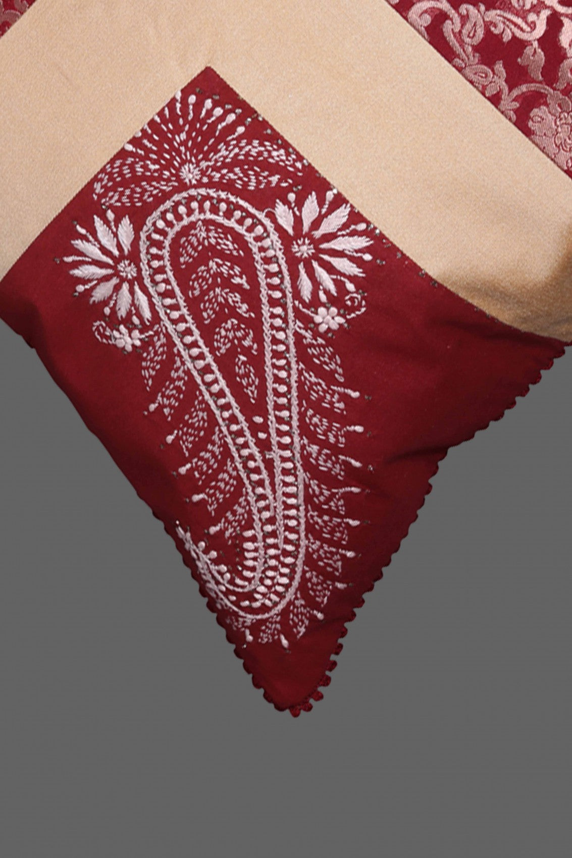 Ada Hand Embroidered Floral Printed Fawn Silk Lucknowi Chikankari Cushion Cover With Muqaish Work 01A190355
