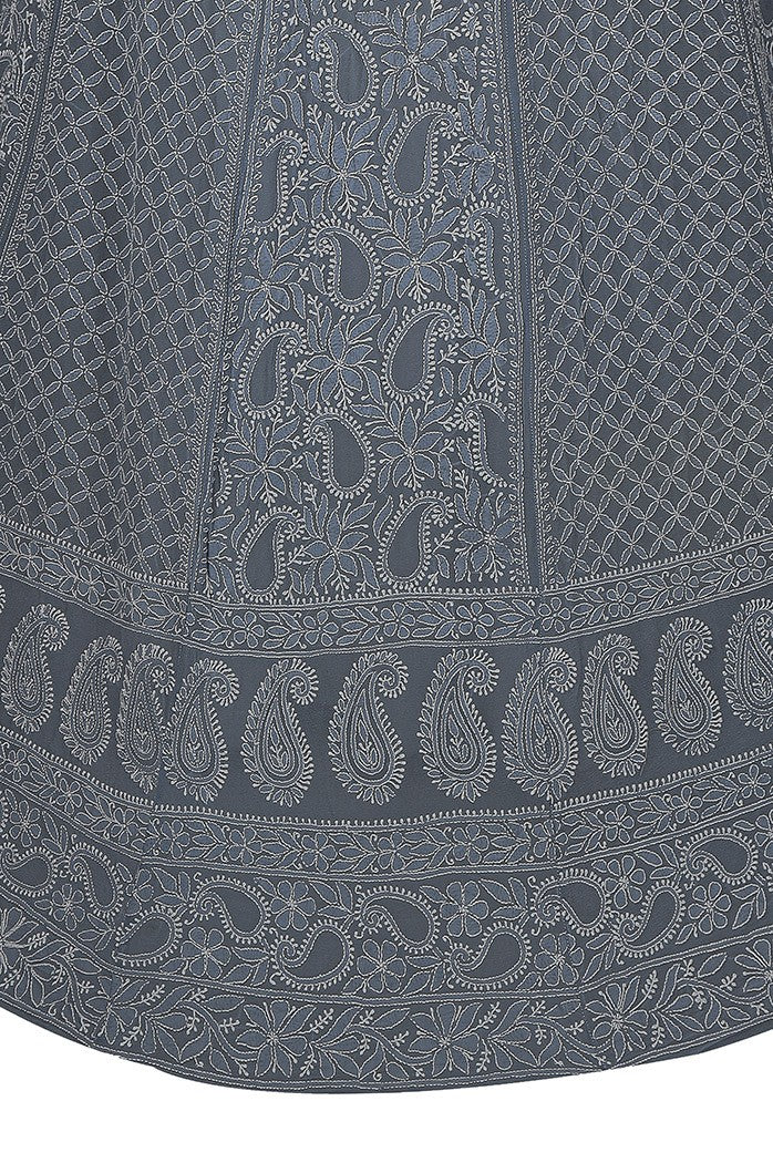 Ada Hand Embroidered Grey Pure Georgette Lucknowi Chikankari Lehenga Skirt (only skirt) With Muqaish Work A501263