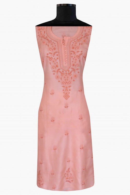 Ada Hand Embroidered Pink Silk Lucknowi Chikan Semi-Stitched Kurta Piece-A619875