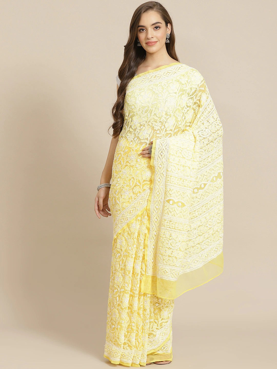 Ada Hand Embroidered Yellow Georgette Lucknow Chikan Saree with Blouse A311302
