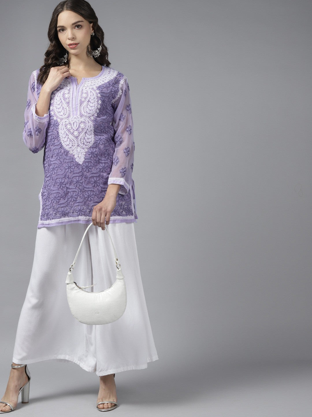Ada Hand Embroidered Mauve Georgette Lucknowi Chikankari Short Kurti With Slip A211683