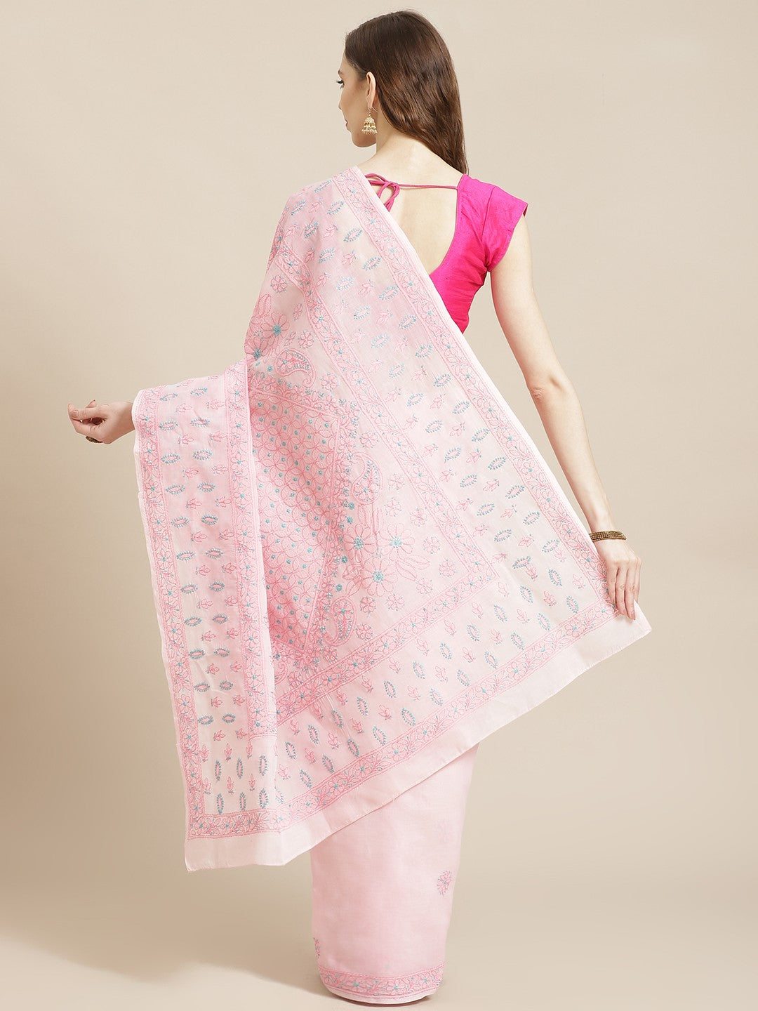 Ada Hand Embroidered Pink Cotton Lucknow Chikan Saree With Blouse-A311211