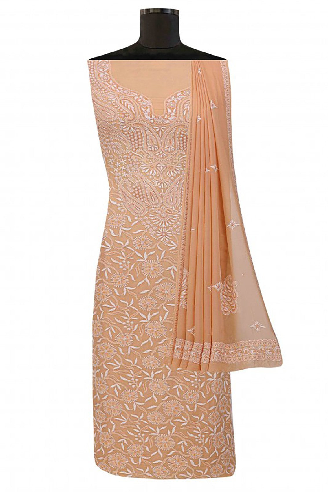 Ada Hand Embroidered Peach Pure Georgette Lucknowi Chikankari Unstitched Suit Piece With Sequinned Work A105959