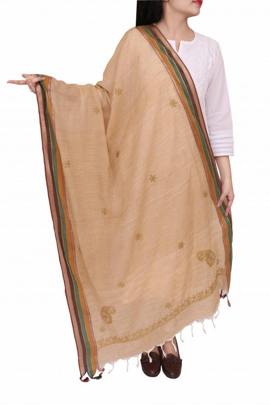 Ada Hand Embroidered Fawn Cotton Lucknowi Chikankari Dupatta A325336