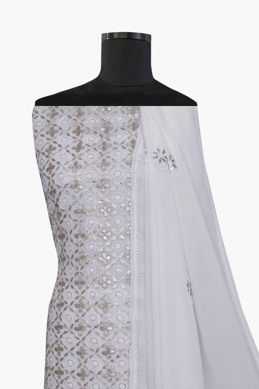 Ada Hand Embroidered White Pure Georgette Lucknowi Chikan Unstitched Kurta Dupatta Set with Gotapatti Work A532940
