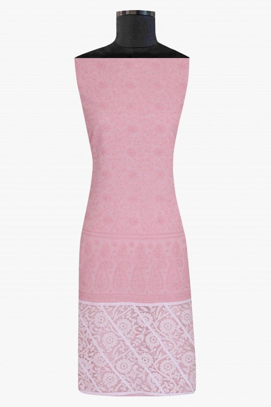 Ada Hand Embroidered Blush Pink/White Cotton Lucknowi Chikan Unstitched Suit Piece A605678