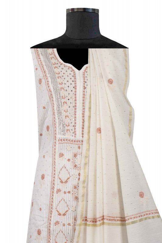 Ada Hand Embroidered Cream Chanderi Lucknowi Chikankari Unstitched Anarkali Kurta Dupatta Set With Muqaish Work 01A138198