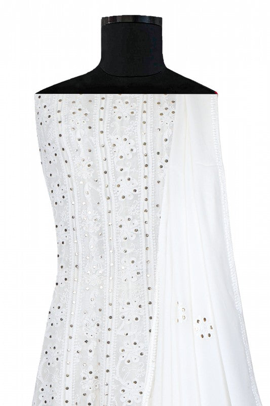 Ada Hand Embroidered White Pure Georgette Lucknowi Chikankari Semi-stitched Anarkali Kurta Dupatta Set with Muqaish Work A534054