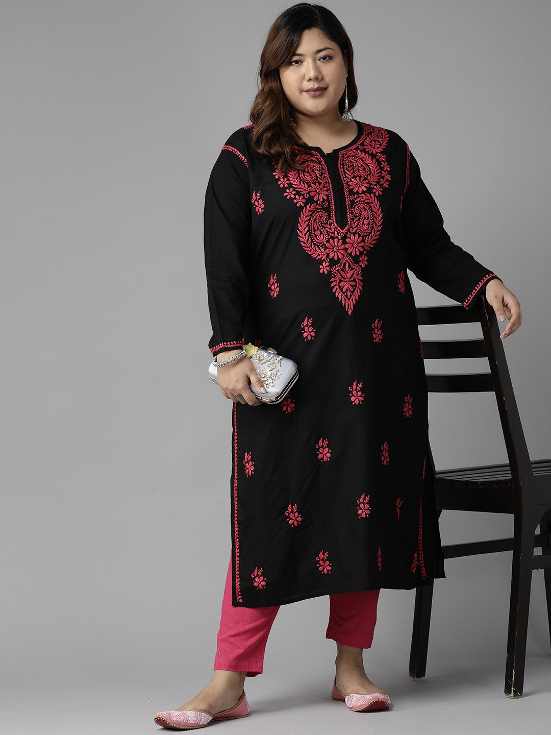 Ada Hand Embroidered Black Cotton Lucknow Chikankari Straight Kurta A411404