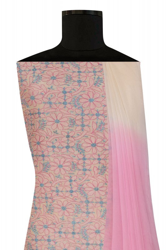 Ada Hand Embroidered Cream Tusser Silk Lucknowi Chikan Unstitched Suit Piece- A609368