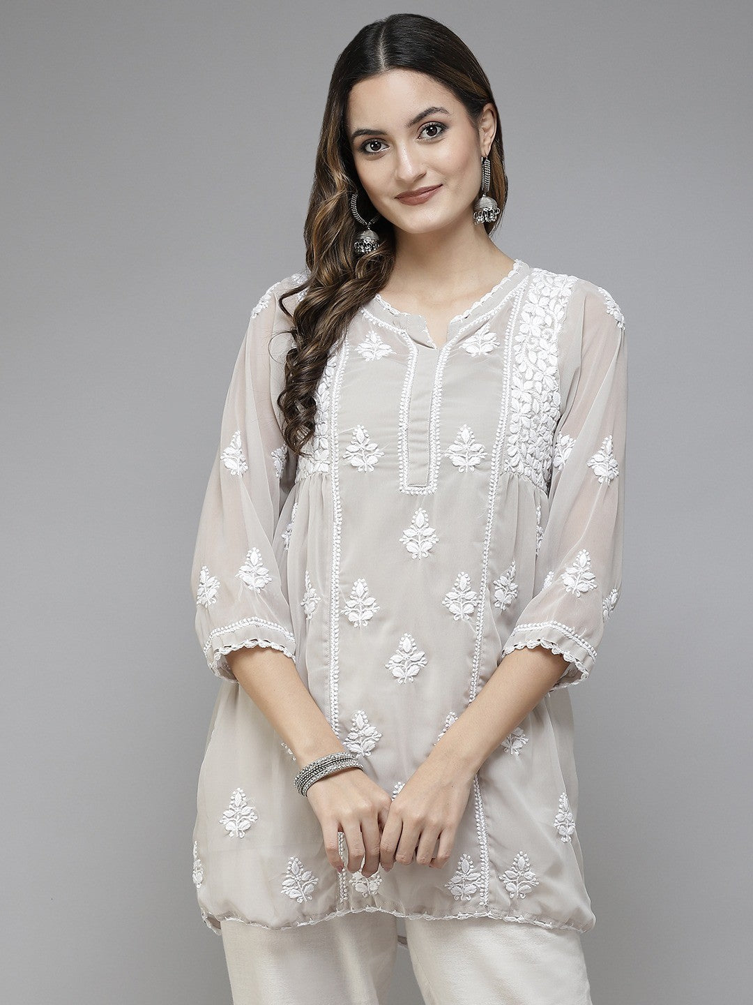Ada Hand Embroidered Light Grey Georgette Lucknowi Chikankari Flared Kurti With Slip A911256