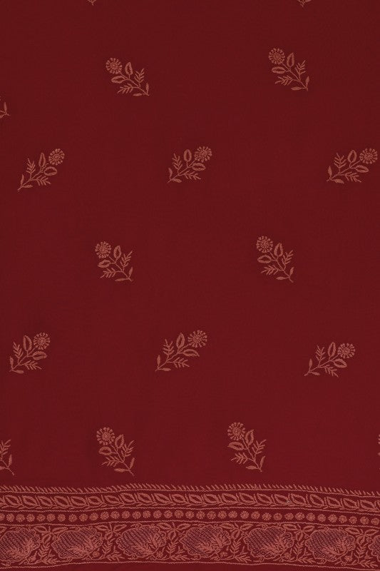 Ada Hand Embroidered Maroon Pure Georgette Lucknowi Chikan Unstitched Kurta Dupatta Set A511814