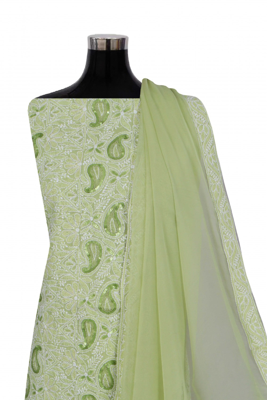 Ada Hand Embroidered Apple Green Cotton Lucknowi Chikankari Unstitched Suit Piece With Pearl Work 01A270933