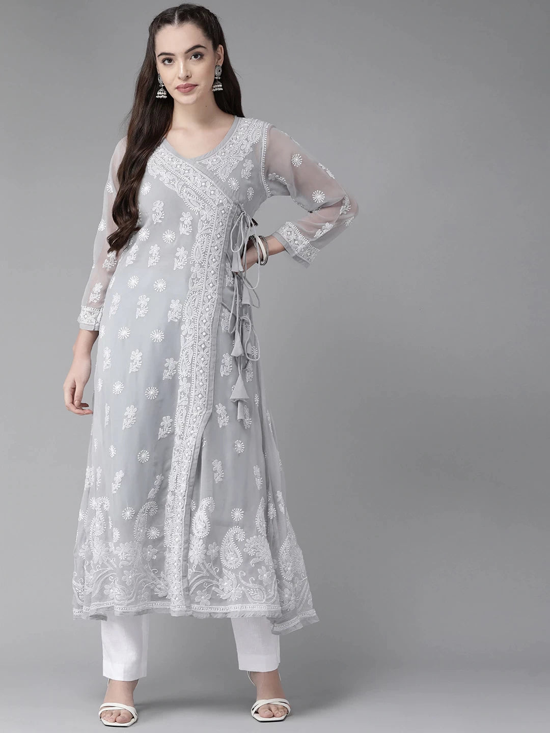 Ada Hand Embroidered Grey Georgette Lucknow Chikankari Angarkha Kurta With Slip -A411262