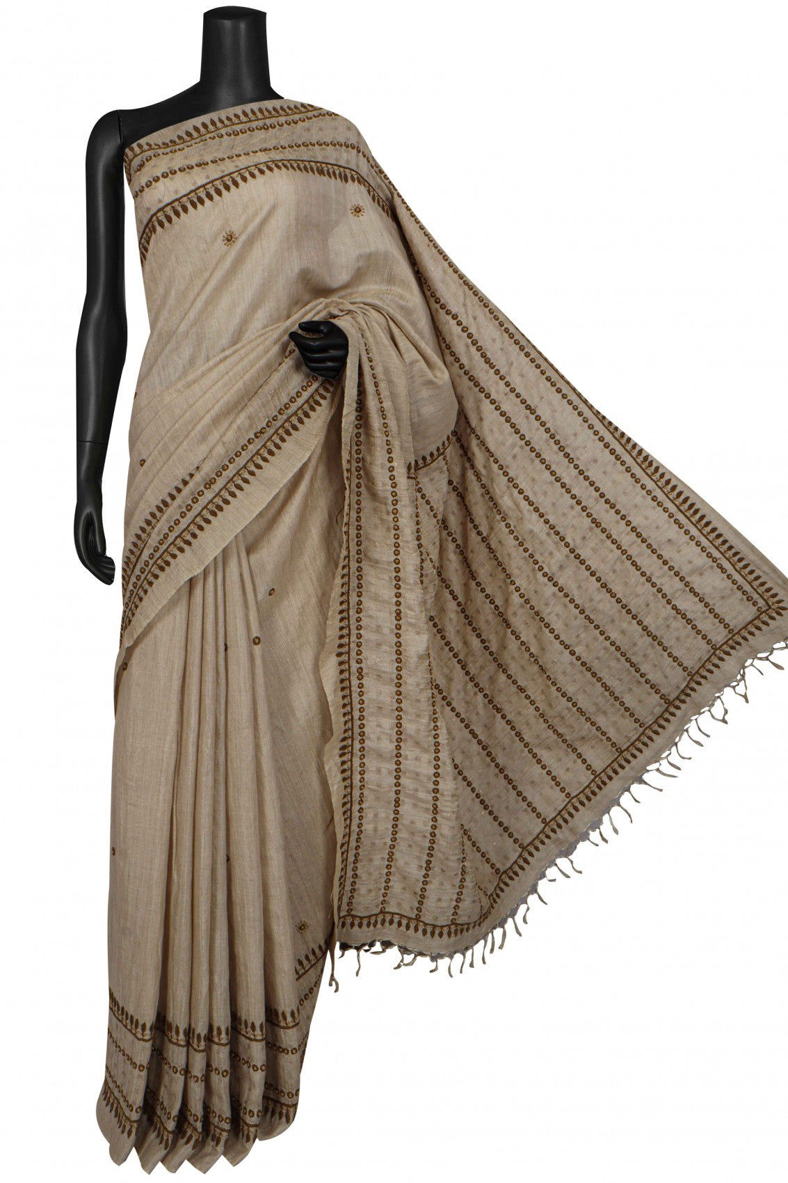 Ada Hand Embroidered Natural Fawn Silk Lucknowi Chikankari Saree With Blouse 01A116402