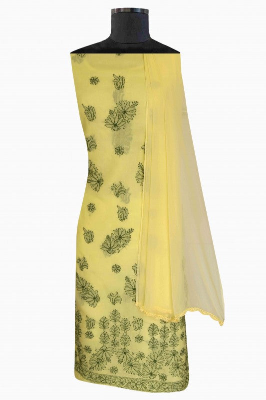 Ada Hand Embroidered Lemon Yellow Cotton Lucknowi Chikan Unstitched Suit Piece-A347815
