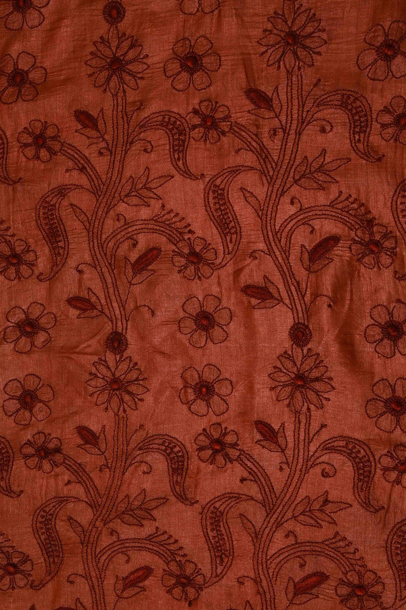 Ada Hand Embroidered Rust Tusser Silk Lucknowi Chikankari Saree With Blouse - A485266