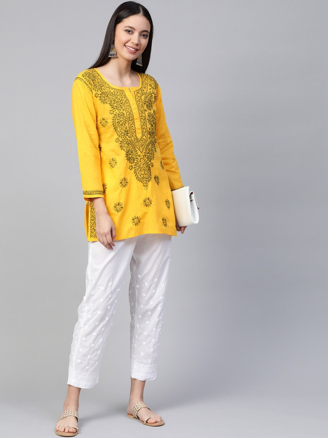 Ada Hand Embroidered Yellow Pure Cambric Cotton Lucknowi Chikan Kurti A250458
